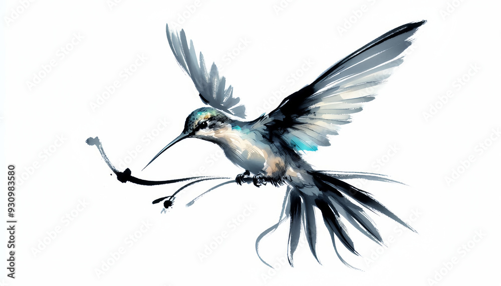 Obraz premium Ink Splash Hummingbird, Traditional Chinese Style, Fluid Brush Strokes, Ethereal Wings, Subtle Color Accents