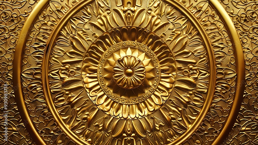 Golden ornament with intricate floral designs and a circular pattern. Golden ornament with intricate floral designs and a circular pattern.