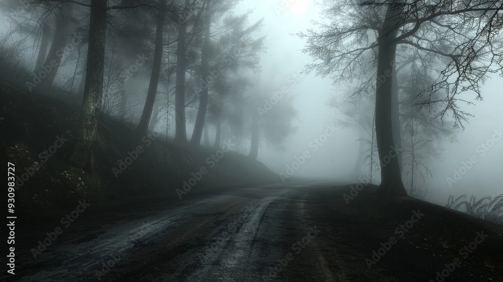 Design a foggy forest road, with mist hanging in the air and trees looming overhead, creating a mysterious and eerie atmosphere. Design a foggy forest road, with mist hanging in the air and trees looming overhead, creating a mysterious and eerie atmosphere.