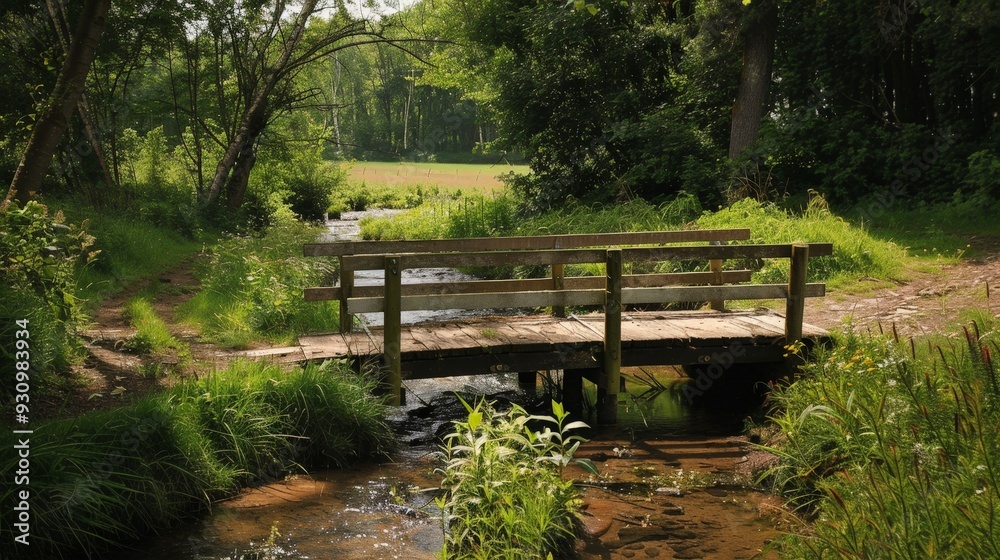 Design a quiet country lane with a wooden bridge crossing a small stream, highlighting the idyllic and serene countryside. Design a quiet country lane with a wooden bridge crossing a small stream, highlighting the idyllic and serene countryside.