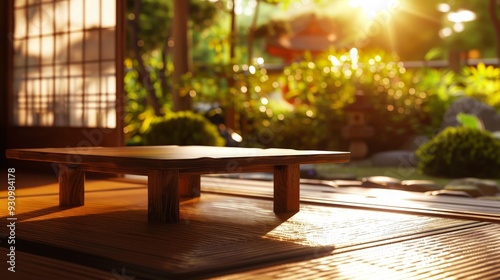 Design a traditional Japanese-style low table with a tatami mat, highlighting cultural elegance and simplicity. photo