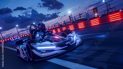 A futuristic go-kart races along a track at night, glowing with neon lights.