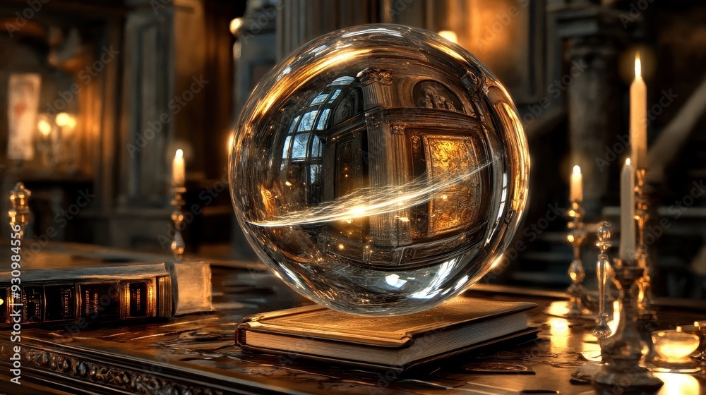 Crystal Ball on Books with Candlelight Reflections Crystal Ball on Books with Candlelight Reflections