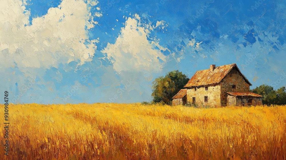 Serene landscape featuring a rustic house amidst golden wheat fields under a bright blue sky with fluffy clouds. Serene landscape featuring a rustic house amidst golden wheat fields under a bright blue sky with fluffy clouds.