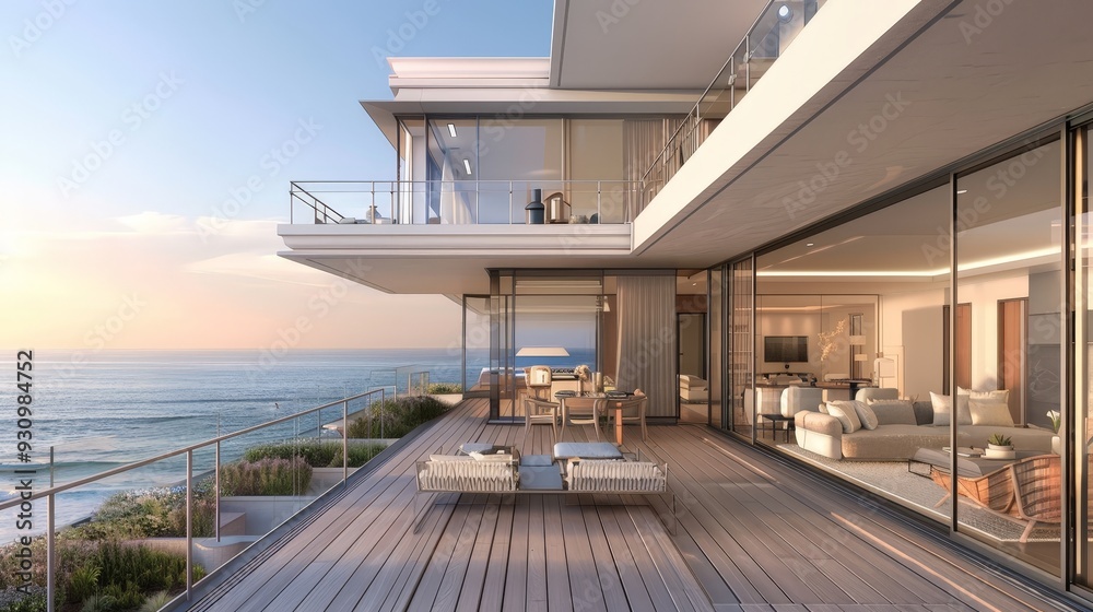 Design an image of a beach house exterior with a wraparound deck, large glass doors, and a stunning ocean view, emphasizing coastal living. Design an image of a beach house exterior with a wraparound deck, large glass doors, and a stunning ocean view, emphasizing coastal living.