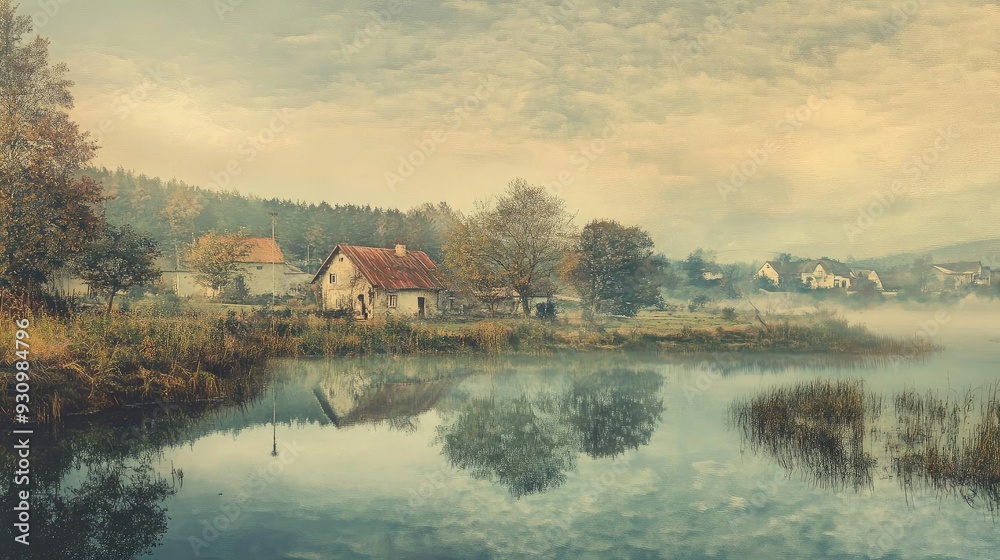 Obraz premium A serene landscape featuring a tranquil lake, quaint house, and colorful foliage reflecting on the water under a cloudy sky.