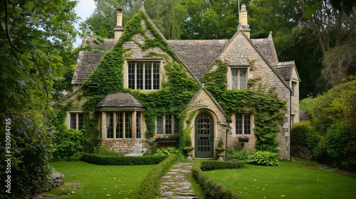 Design an image of a classic English cottage exterior with ivy-covered walls, thatched roof, and charming garden, evoking storybook charm and quaintness.