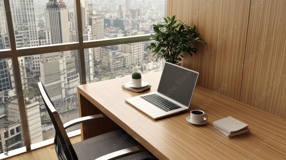 Modern Office Desk with Laptop Coffee Cup and City View Modern Office Desk with Laptop Coffee Cup and City View
