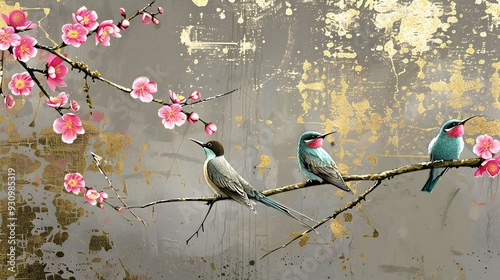 birds on a branch on brass background. chinoiseries style.