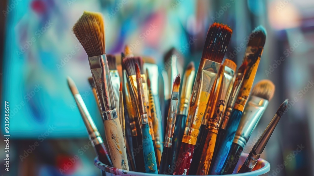 Fototapeta premium Brushes stored in container Creative learning concept