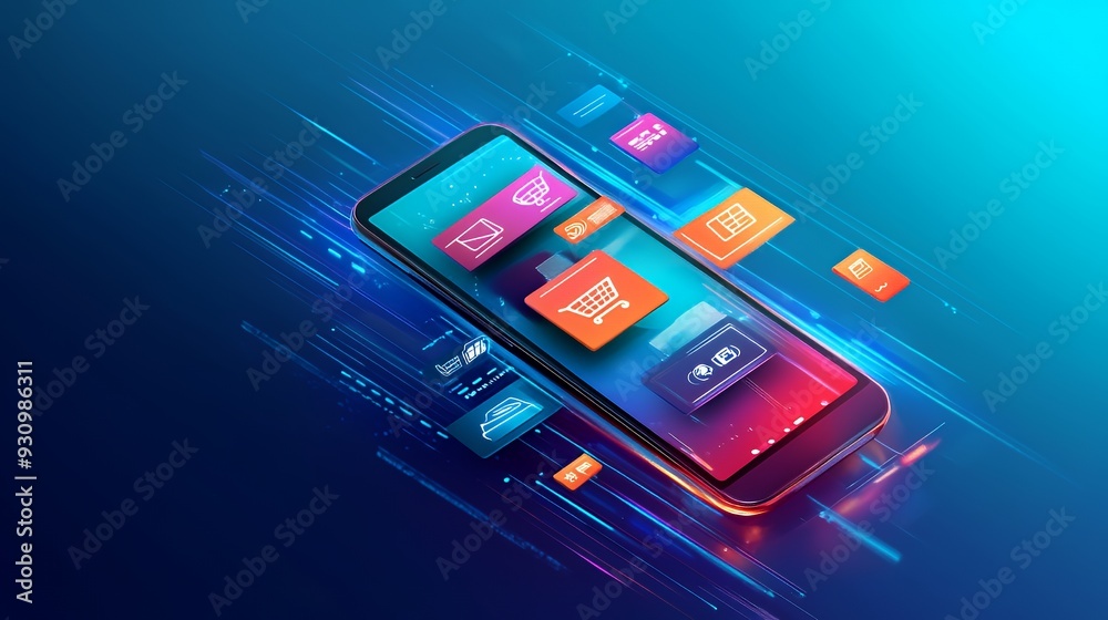 Fototapeta premium A smartphone with colorful icons representing online shopping and mobile payments flying around it.