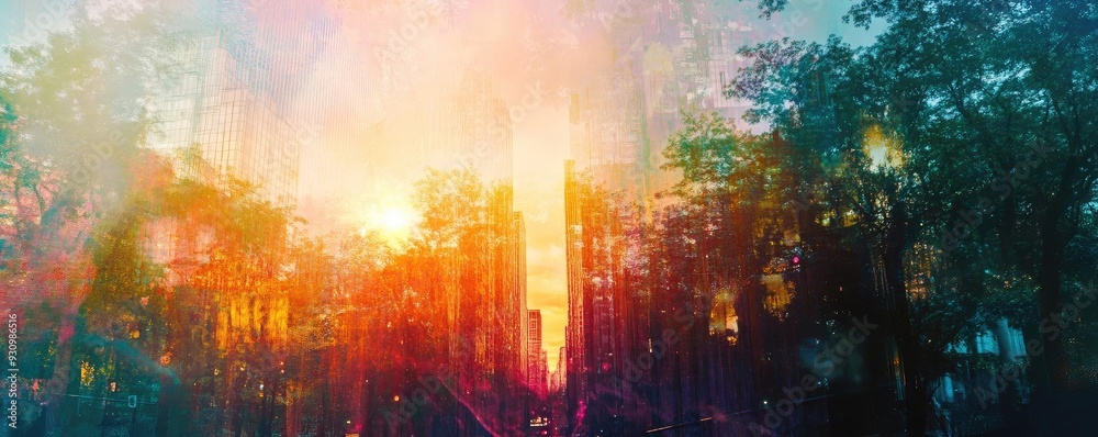Fototapeta premium A dreamy forest scene at sunset, infused with vibrant colors and soft light, creating a magical atmosphere of tranquility.