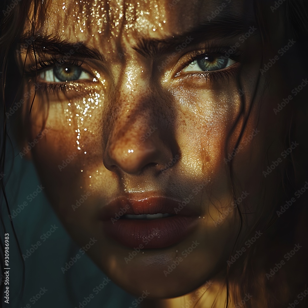 Closeup portrait of a beautiful and expressive woman with tears in her eyes captured under dramatic lighting that casts deep shadows and creates a moody emotional atmosphere
