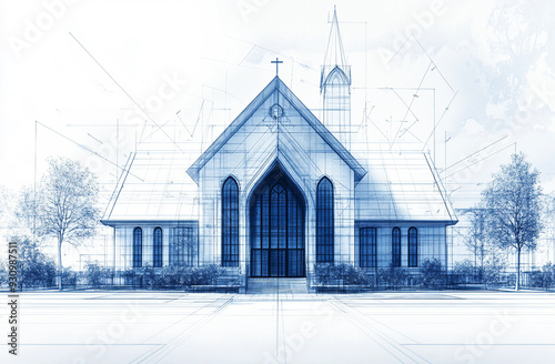 Architectural Blueprint of a Church Detailing Structural Elements and Landscape Design in a 3D Architectural Rendering