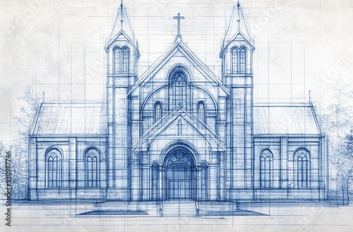 Architectural Blueprint of a Church Detailing Structural Elements and Landscape Design in a 3D Architectural Rendering