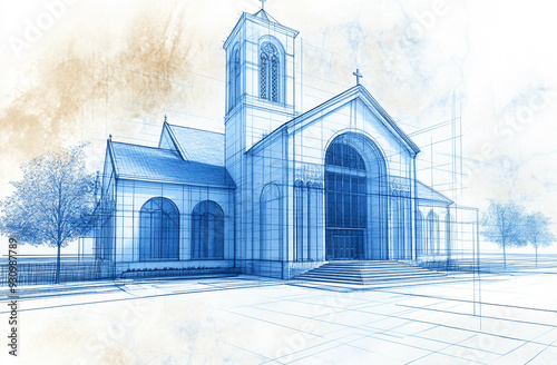 Architectural Blueprint of a Church Detailing Structural Elements and Landscape Design in a 3D Architectural Rendering