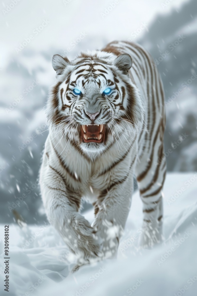 Fototapeta premium From an extreme low angle, a white tiger with glowing blue eyes and white fur is captured roaring fiercely in the snowy mountains, creating a striking fantasy photo.