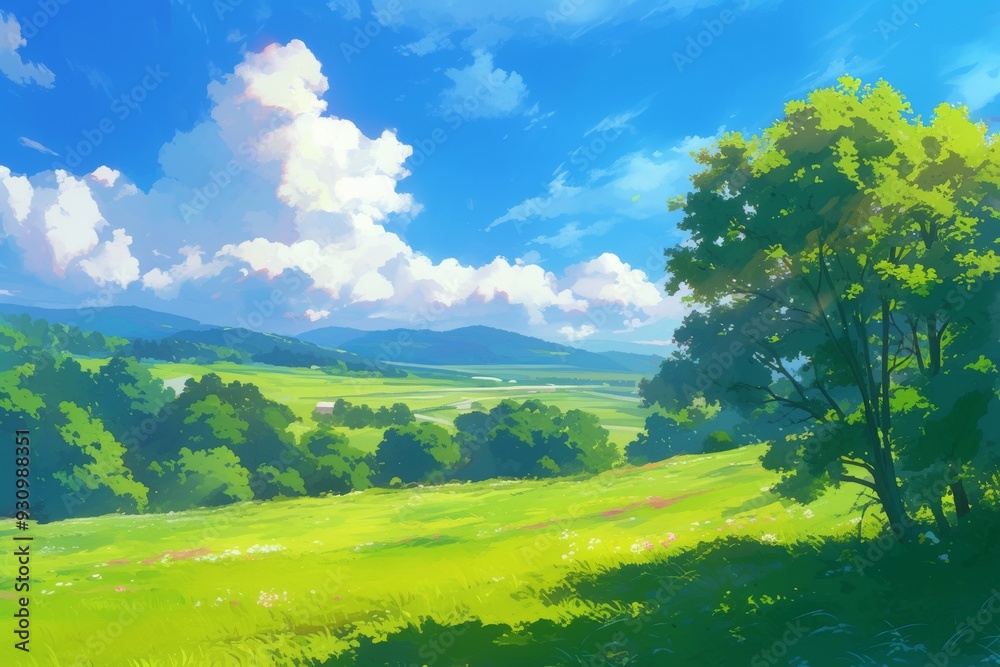 Obraz premium Vibrant green meadow with large tree and hills in the distance, under a blue sky with white clouds. Nature landscape painting.