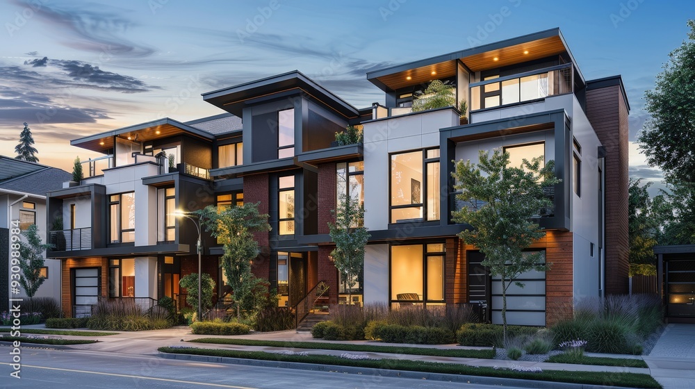 Generate an image of an urban townhouse exterior with a sleek facade, rooftop garden, and modern design elements, highlighting city living at its best. Generate an image of an urban townhouse exterior with a sleek facade, rooftop garden, and modern design elements, highlighting city living at its best.