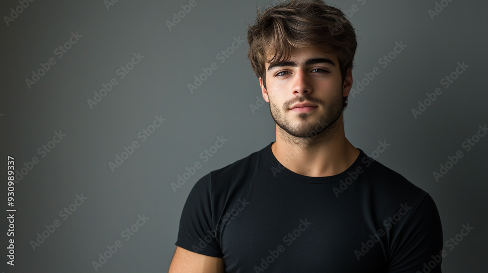 Fototapeta premium Clean Background Portrait of a Young Man in a Black T-Shirt, Ideal for Trendy Fashion Advertisements 