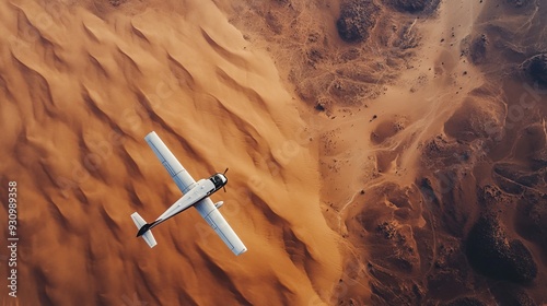 Aerial view of an airplane flying over the desert photo