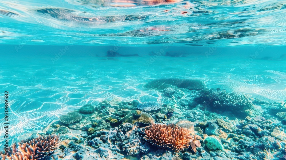 Fototapeta premium Crystal-clear sea with colorful coral reefs visible beneath, a perfect spot for a relaxing swim, summer sea, underwater, relaxing vibes