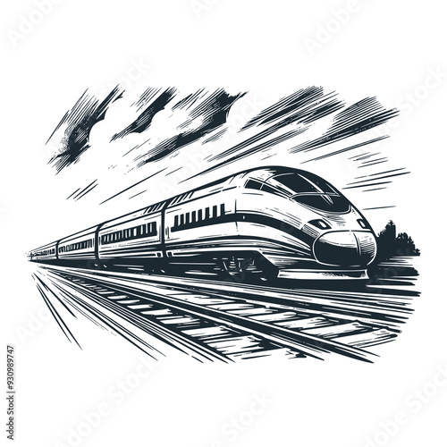 The modern train. Black white vector illustration.
