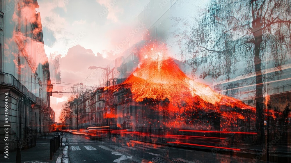 Fototapeta premium A dramatic urban scene blending street view with fiery volcano elements, showcasing vibrant colors and surreal beauty.