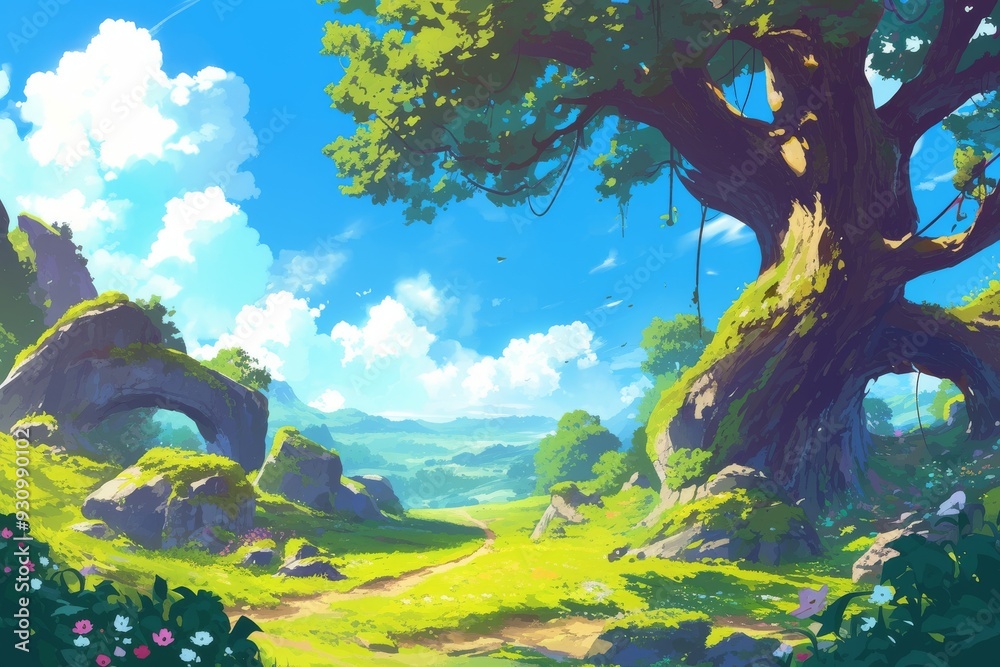 Fantasy landscape with a large tree and mossy rocks in a valley. Concept for adventure games, role playing games, or mystical scenery. Fantasy landscape with a large tree and mossy rocks in a valley. Concept for adventure games, role playing games, or mystical scenery.