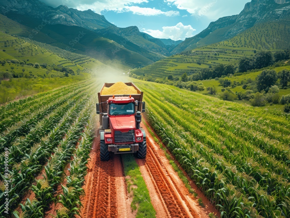 Naklejka premium Harvest Season: Tractor in a Cornfield