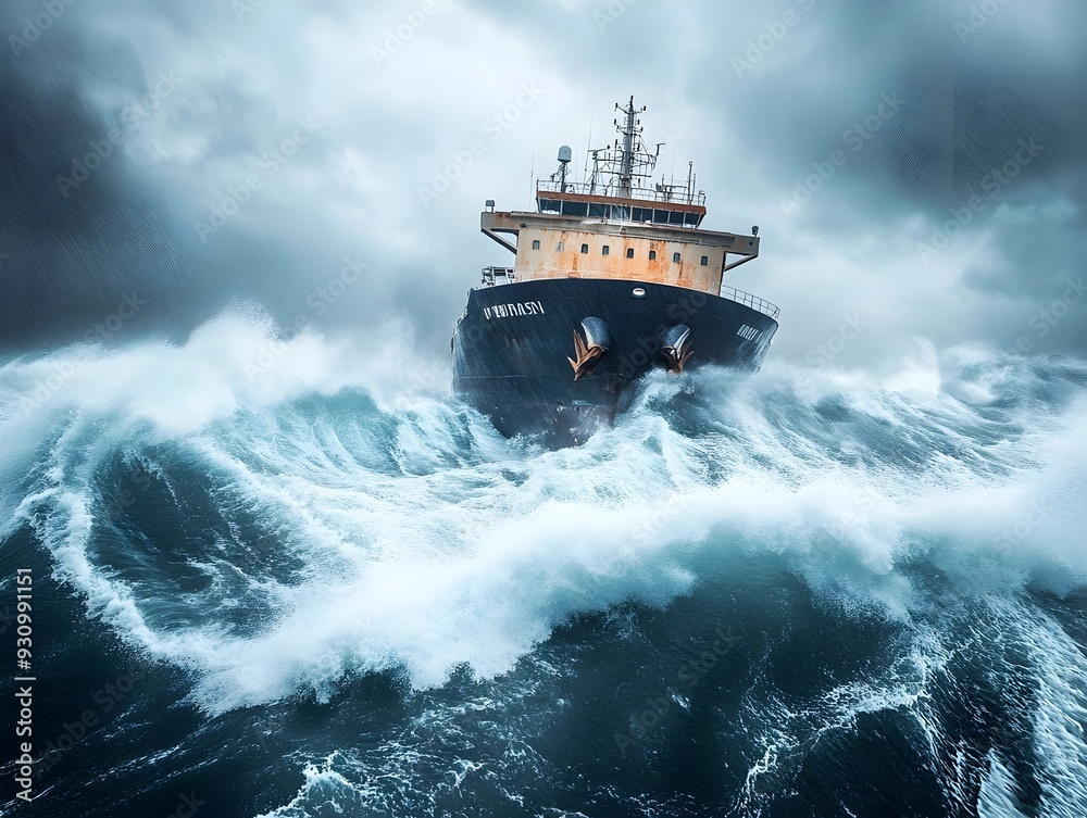Powerful Image of a Cargo Ship Courageously Battling Fierce Waves and Stormy Seas Symbolizing the Resilience and Determination Required in Global Trade and Maritime Transportation