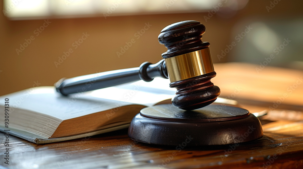 Close-up of judge's gavel and law book on desk in warm light Close-up of judge's gavel and law book on desk in warm light