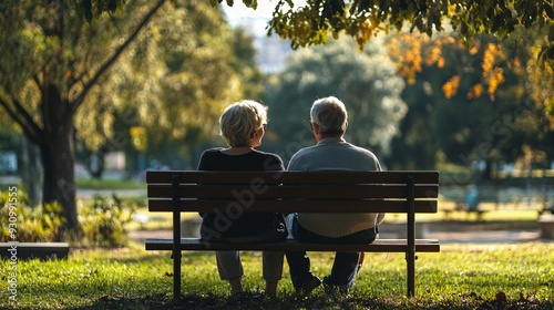 A couple sitting in a park video chatting with their family while enjoying the outdoor scenery photo