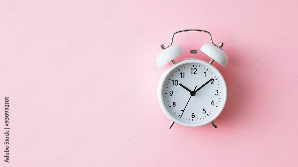A white alarm clock on a pink background. A white alarm clock on a pink background.