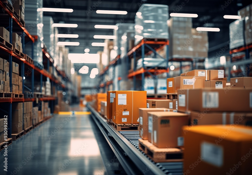Warehouse Efficiency: A conveyor belt in a modern warehouse, showcasing a steady stream of packaged goods, symbolizing the smooth flow of distribution and logistics. Warehouse Efficiency: A conveyor belt in a modern warehouse, showcasing a steady stream of packaged goods, symbolizing the smooth flow of distribution and logistics.