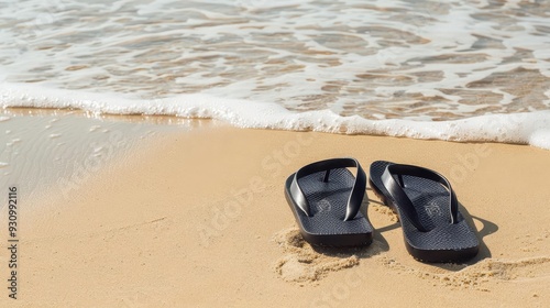 A pair of flip-flops left on the sand near the water's edge, with gentle waves rolling in, summer sea, relaxation, beach vibes