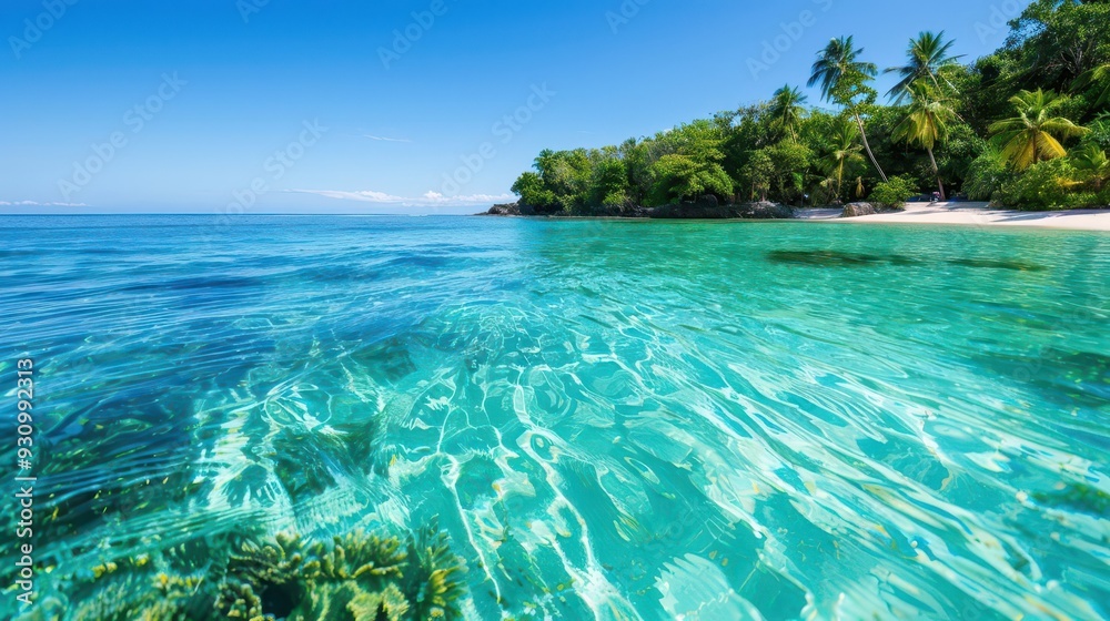 A tropical island beach with clear waters and lush vegetation, the ultimate summer escape, summer sea, relaxation, island vibes A tropical island beach with clear waters and lush vegetation, the ultimate summer escape, summer sea, relaxation, island vibes