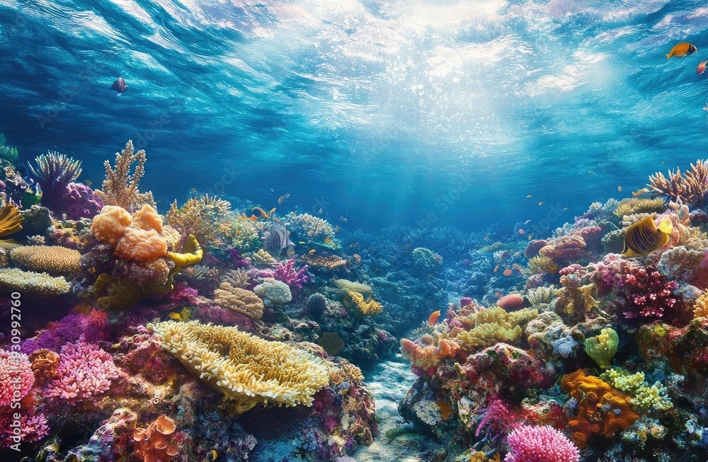 Naklejka premium Vibrant underwater coral reef teeming with life, showcasing colorful corals and clear blue water illuminated by sunlight.