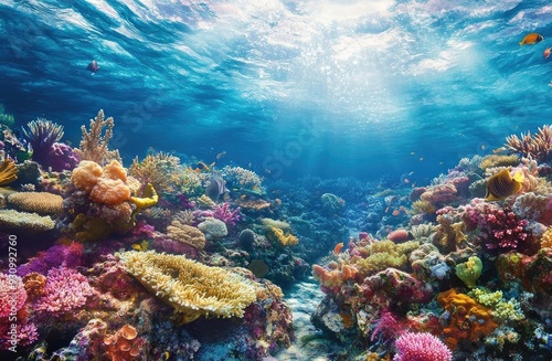 Vibrant underwater coral reef teeming with life, showcasing colorful corals and clear blue water illuminated by sunlight.