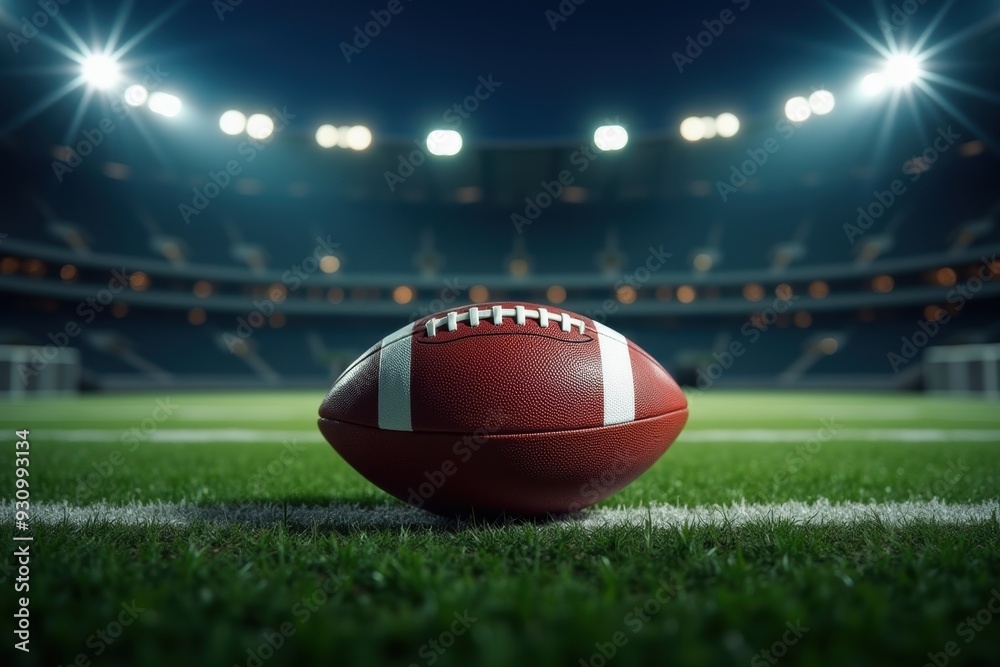 American football is placed on the field with lights. Generative AI American football is placed on the field with lights. Generative AI