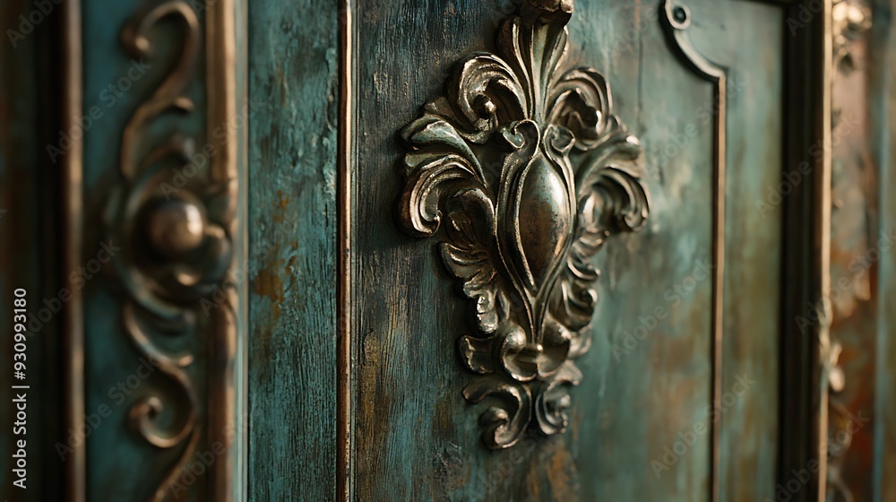 Ornate Carved Wooden Door Detail with Green and Gold Paint Ornate Carved Wooden Door Detail with Green and Gold Paint