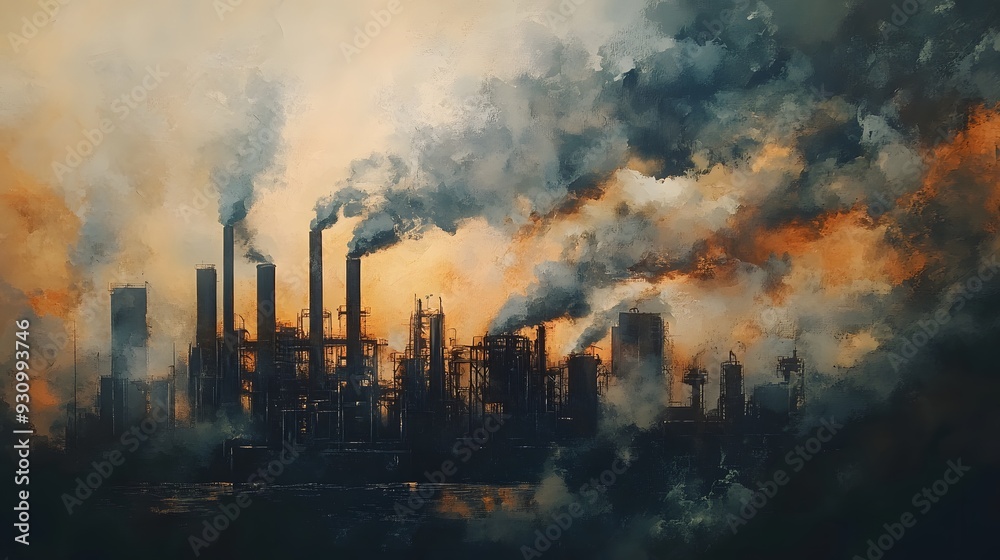 Obraz premium A painting of a city with a large sun in the background. The sky is dark and smoggy, and the sun is setting. The painting conveys a sense of pollution and decay, with the industrial buildings
