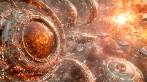 Fototapeta Naklejka Na Ścianę i Meble -  Futuristic Space Station Orbiting Planet With Nebulas And Stars