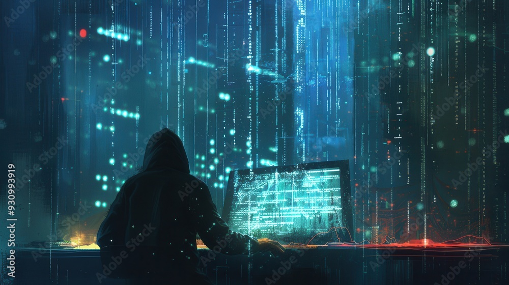 A silhouette of a hacker works diligently at a computer, illuminated by a large screen filled with dynamic, matrix-style code in a dim environment. Generative AI A silhouette of a hacker works diligently at a computer, illuminated by a large screen filled with dynamic, matrix-style code in a dim environment. Generative AI