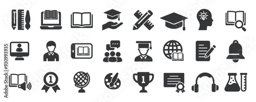 Education glyph solid icons collection. Containing content school, e-learning, course, student. Minimal icon and symbol series vector illustration