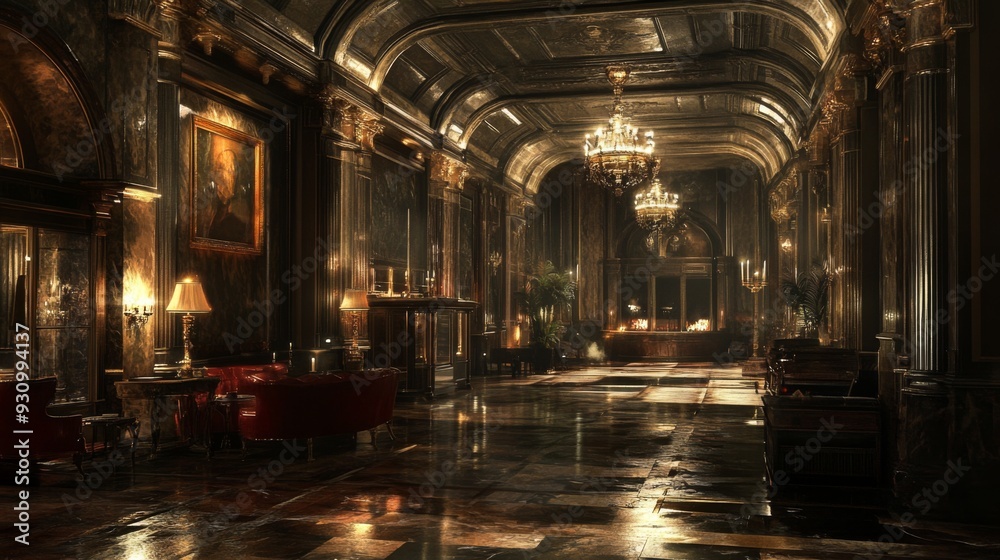 A grand, opulent lobby with marble floors, chandeliers, and ornate details. A grand, opulent lobby with marble floors, chandeliers, and ornate details.