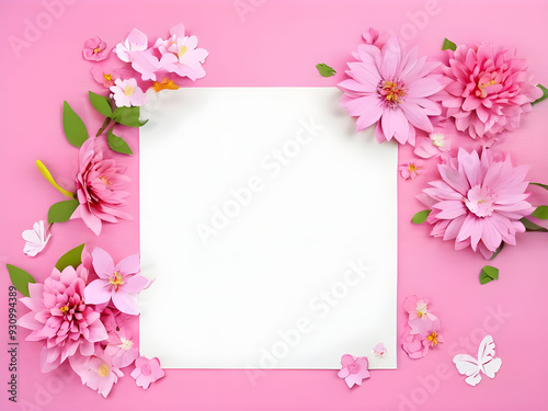 Pink color framework for photo or congratulation with paper blossom and flowers