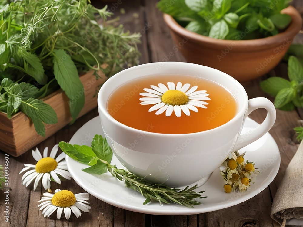 A steaming cup of herbal tea surrounded by fresh herbs like chamomile and mint, set against a rustic wooden table, ideal for digestive or relaxation health products. Made with generative AI technology A steaming cup of herbal tea surrounded by fresh herbs like chamomile and mint, set against a rustic wooden table, ideal for digestive or relaxation health products. Made with generative AI technology