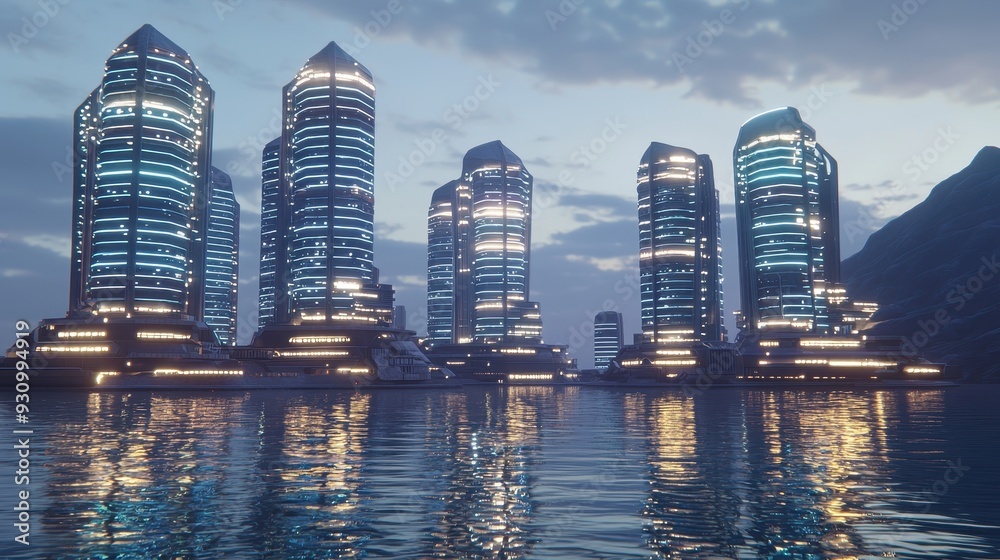 Obraz premium Futuristic Cityscape with Skyscrapers Reflecting in Water