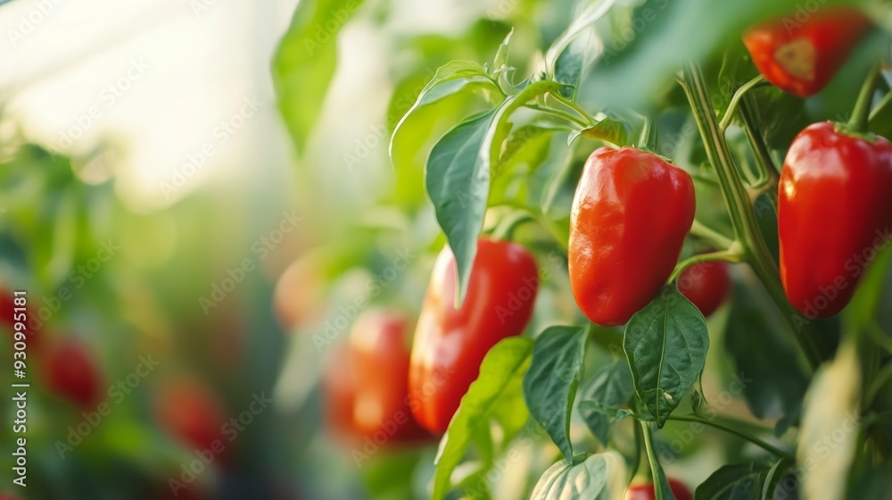 Ripe Red Peppers Growing on a Vine Ripe Red Peppers Growing on a Vine